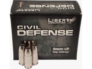 500 Rounds of Liberty Civil Defense Ammunition 9mm Luger +P 50 Grain Fragmenting Hollow Point Lead-Free Box of 20 For Sale