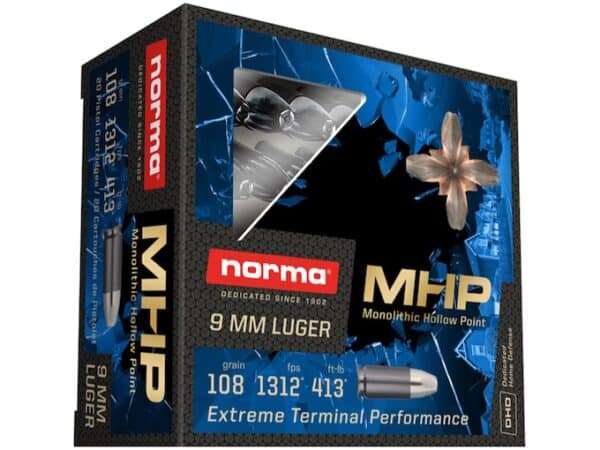 Norma Home Defense MHP Ammunition 9mm Luger 108 Grain Monolithic Hollow Point Lead Free Box of 20 For Sale