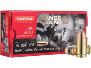 Norma Range & Training Ammunition 380 ACP 95 Grain Full Metal Jacket Box of 50 For Sale