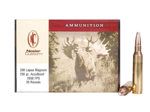 Nosler Custom Ammunition 338 Lapua Magnum 250 Grain AccuBond Box of 20 For Sale
