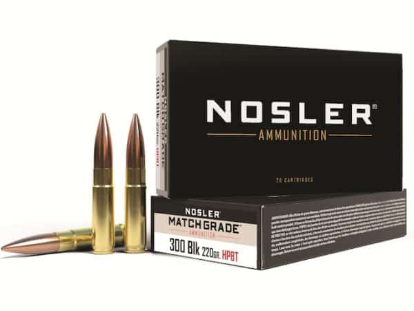 Nosler Match Grade Ammunition 300 AAC Blackout Subsonic 220 Grain Custom Competition Hollow Point Boat Tail Box of 20 For Sale