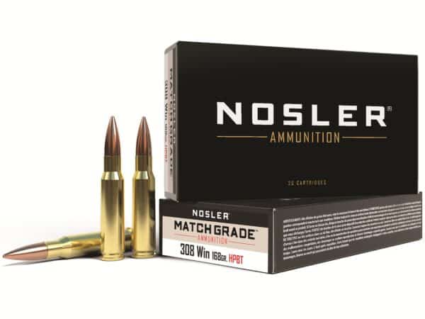 500 Rounds of Nosler Match Grade Ammunition 308 Winchester 168 Grain Custom Competition Hollow Point Boat Tail Box of 20 For Sale