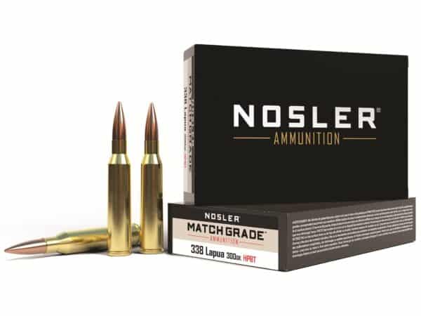 500 Rounds of Nosler Match Grade Ammunition 338 Lapua Magnum 300 Grain Custom Competition Hollow Point Boat Tail Box of 20 For Sale
