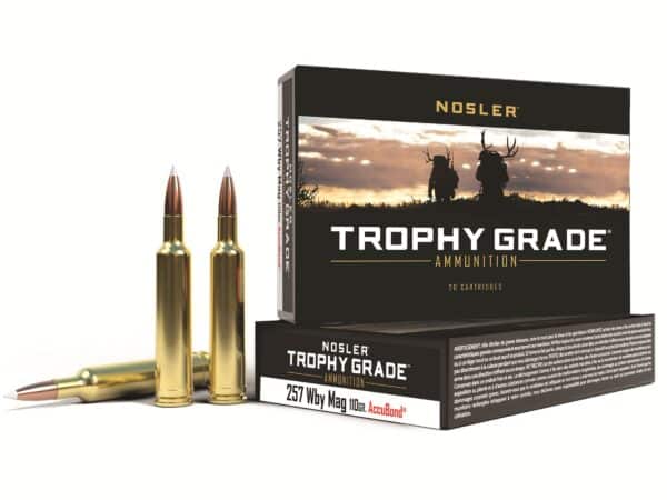 500 Rounds of Nosler Trophy Grade Ammunition 257 Weatherby Magnum 110 Grain AccuBond Spitzer Box of 20 For Sale