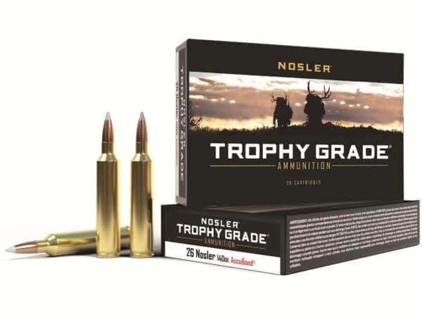 500 Rounds of Nosler Trophy Grade Ammunition 26 Nosler 140 Grain AccuBond Box of 20 For Sale