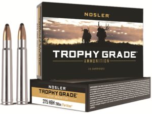 500 Rounds of Nosler Trophy Grade Ammunition 375 H&H Magnum 260 Grain Partition Box of 20 For Sale