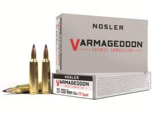 500 Rounds of Nosler Varmageddon Ammunition 22-250 Remington 55 Grain Polymer Tip Flat Base Box of 20 For Sale