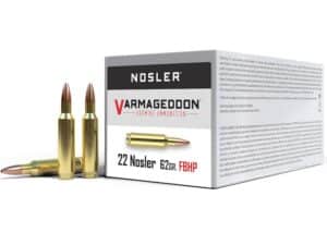 Nosler Varmageddon Ammunition 22 Nosler 62 Grain Hollow Point Flat Base Box of 50 For Sale
