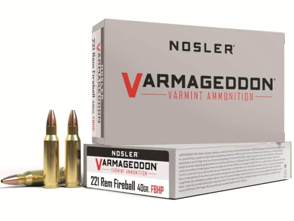 500 Rounds of Nosler Varmageddon Ammunition 221 Remington Fireball 40 Grain Hollow Point Flat Base Box of 20 For Sale