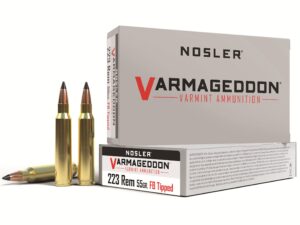 500 Rounds of Nosler Varmageddon Ammunition 223 Remington 55 Grain Polymer Tip Flat Base Box of 20 For Sale