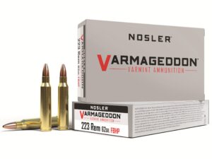 500 Rounds of Nosler Varmageddon Ammunition 223 Remington 62 Grain Hollow Point Flat Base Box of 20 For Sale