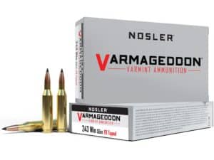 500 Rounds of Nosler Varmageddon Ammunition 243 Winchester 55 Grain Polymer Tip Flat Base Box of 20 For Sale