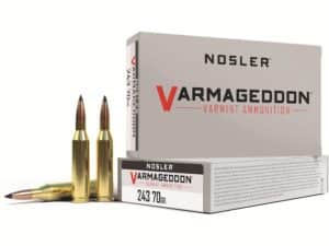 Nosler Varmageddon Ammunition 243 Winchester 70 Grain Polymer Tip Flat Base Box of 20 For Sale