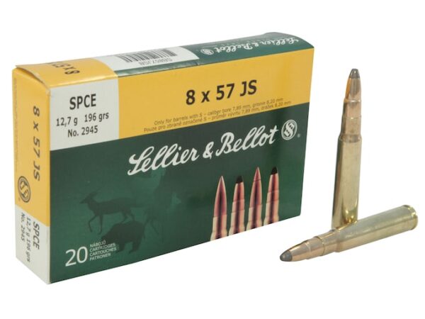 Sellier & Bellot Ammunition 8x57mm JS Mauser (8mm Mauser) 196 Grain Soft Point Cutted Edge Box of 20 For Sale