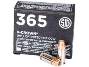 Sig Sauer 365 Elite Performance Ammunition 9mm Luger 115 Grain V-Crown Jacketed Hollow Point Box of 20 For Sale