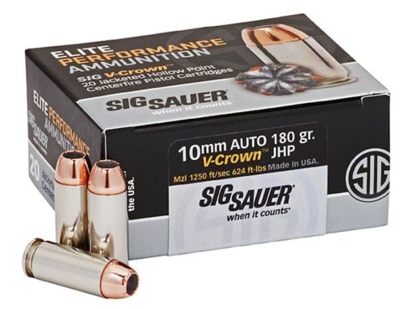 Sig Sauer Elite Performance Ammunition 10mm Auto 180 Grain V-Crown Jacketed Hollow Point Box of 20 For Sale