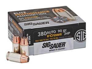 Sig Sauer Elite Performance Ammunition 380 ACP 90 Grain V-Crown Jacketed Hollow Point Box of 20 For Sale