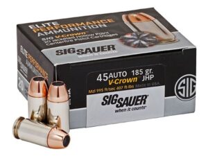 Sig Sauer Elite Performance Ammunition 45 ACP 185 Grain V-Crown Jacketed Hollow Point Box of 20 For Sale