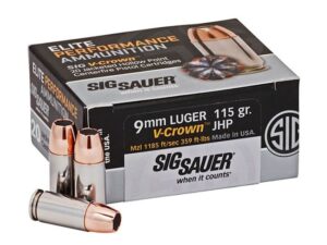 Sig Sauer Elite Performance Ammunition 9mm Luger 115 Grain V-Crown Jacketed Hollow Point Box of 20 For Sale