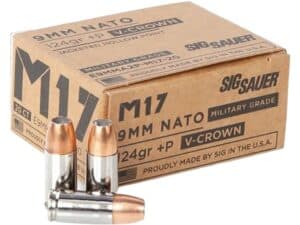 Sig Sauer Elite Performance M17 Ammunition 9mm Luger +P 124 Grain V-Crown Jacketed Hollow Point Box of 20 For Sale