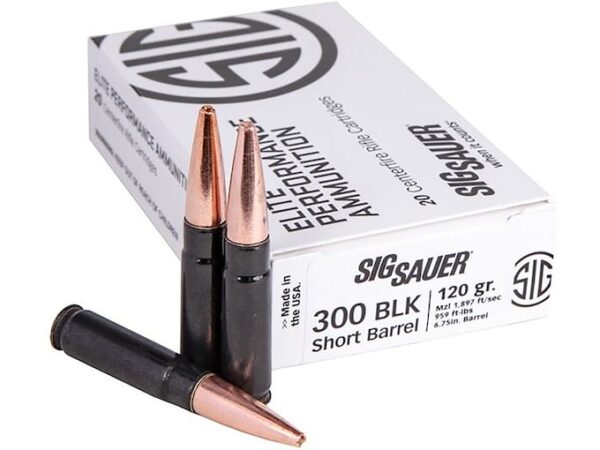 Sig Sauer Elite Performance Short Barrel Ammunition 300 AAC Blackout 120 Grain Solid Hollow Point Lead Free Box of 20 For Sale