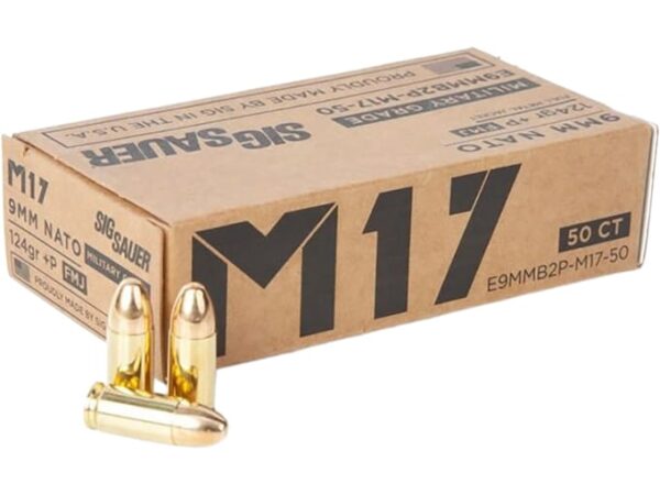 Sig Sauer M17 Military Grade Ammunition 9mm Luger +P 124 Grain Full Metal Jacket Box of 50 For Sale