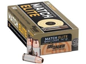 Sig Sauer Match Elite Ammunition 9mm Luger 147 Grain V-Crown Jacketed Hollow Point Box of 50 For Sale