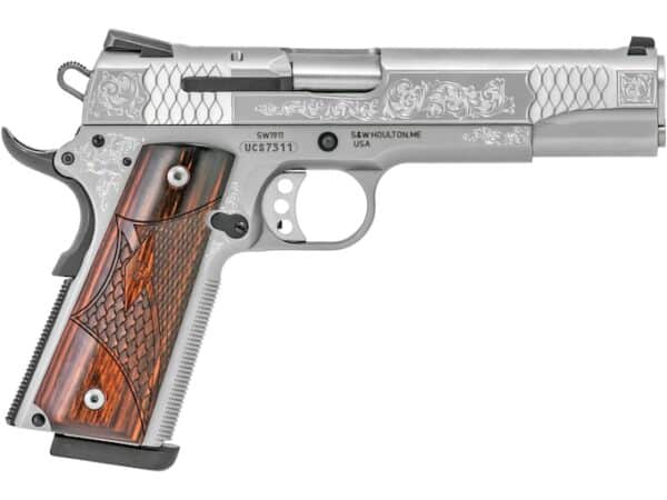Smith & Wesson 1911 Engraved Semi-Automatic Pistol 45 ACP 5" Barrel 8-Round Stainless Wood For Sale
