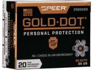 Speer Gold Dot Ammunition 25 ACP 35 Grain Jacketed Hollow Point Box of 20 For Sale