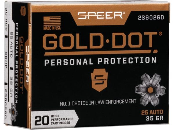 Speer Gold Dot Ammunition 25 ACP 35 Grain Jacketed Hollow Point Box of 20 For Sale