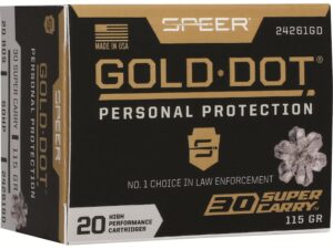 Speer Gold Dot Ammunition 30 Super Carry 115 Grain Bonded Jacketed Hollow Point Box of 20 For Sale