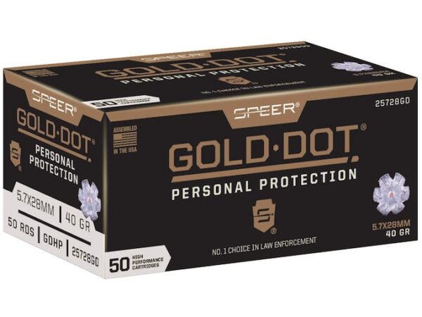 Speer Gold Dot Ammunition 5.7x28mm FN 40 Grain Gold Dot Bonded Soft Point Box of 50 For Sale