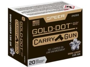 500 Rounds of Speer Gold Dot Carry Gun Ammunition 9mm Luger 135 Grain Gold Dot G2 Box of 20 For Sale