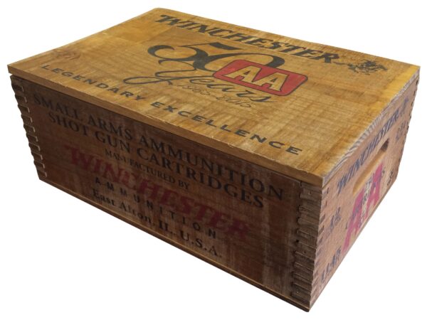 500 Rounds of Winchester AA Ammunition 50th Anniversary Light Target 12 Gauge 2-3/4″ 1-1/8 oz #8 Shot Case of 250 (10 Boxes of 25) in Wood Box For Sale