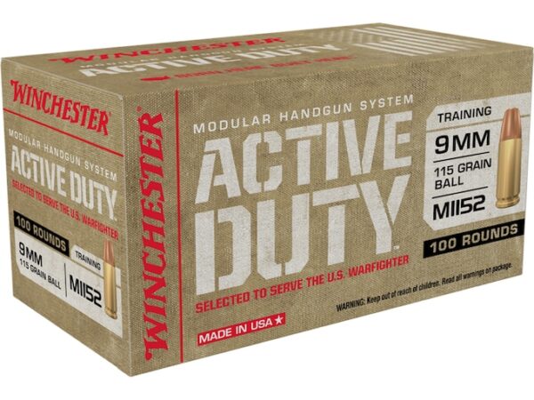 Winchester Active Duty MHS Ammunition 9mm M1152 115 Grain Full Metal Jacket Flat Nose For Sale