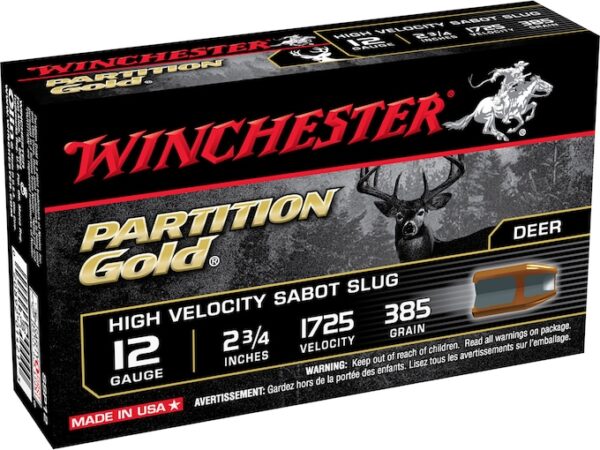 Winchester Ammunition 12 Gauge 2-3/4" 385 Grain Partition Gold Sabot Slug Box of 5 For Sale