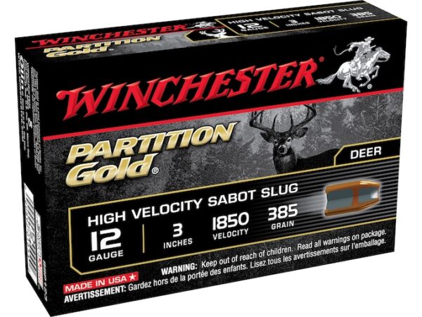 Winchester Ammunition 12 Gauge 3" 385 Grain Partition Gold Sabot Slug Box of 5 For Sale