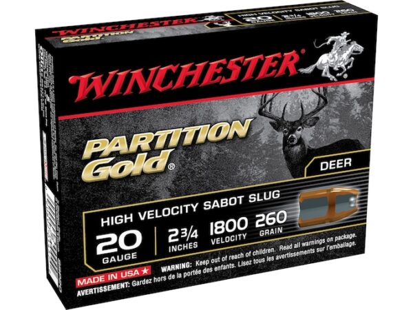 Winchester Ammunition 20 Gauge 2 3/4" 260 Grain Partition Gold Sabot Slug Box of 5 For Sale