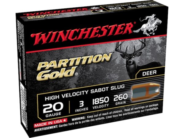 Winchester Ammunition 20 Gauge 3" 260 Grain Partition Gold Sabot Slug Box of 5 For Sale