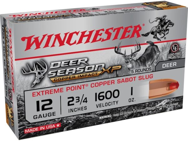 Winchester Deer Season XP Copper Impact Ammunition 12 Gauge 2-3/4" 1 oz Copper Extreme Point Sabot Slug Lead-Free Box of 5 For Sale