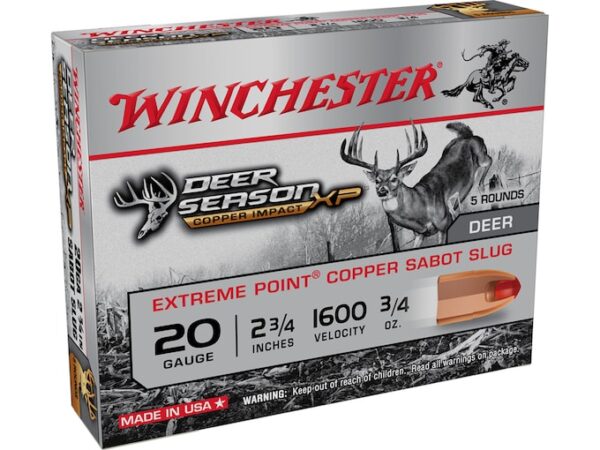 Winchester Deer Season XP Copper Impact Ammunition 20 Gauge 2-3/4" 3/4 oz Copper Extreme Point Sabot Slug Lead-Free Box of 5 For Sale