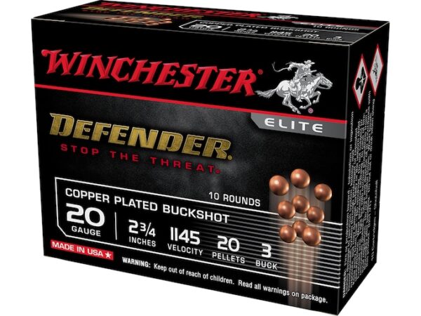 Winchester Defender Ammunition 20 Gauge 2-3/4" #3 Plated Buckshot 20 Pellets Box of 10 For Sale