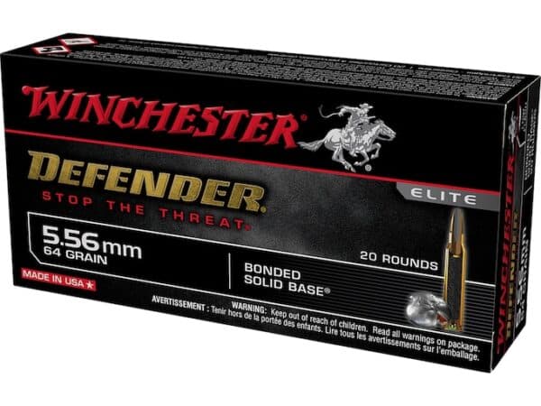Winchester Defender Ammunition 5.56x45mm NATO 64 Grain Bonded Jacketed Hollow Point Box of 20 For Sale