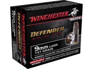 500 Rounds of Winchester Defender Ammunition 9mm Luger 147 Grain Bonded Jacketed Hollow Point Box of 20 For Sale
