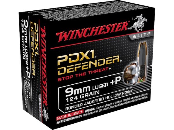 Winchester Defender Ammunition 9mm Luger +P 124 Grain Bonded Jacketed Hollow Point Box of 20 For Sale