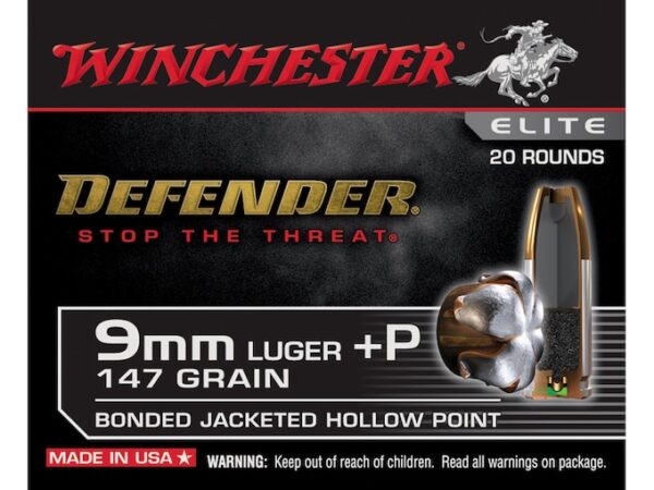 Winchester Defender Ammunition 9mm Luger +P 147 Grain Bonded Jacketed Hollow Point Box of 20 For Sale