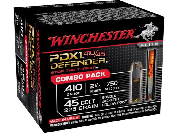 Winchester Defender Ammunition Combo Pack 45 Colt Long Colt 225 Grain Bonded Jacketed Hollow Point and 410 Bore 2 12 3 Disks over 14 oz BB Box of 20 10 Rounds of Each For Sale 1