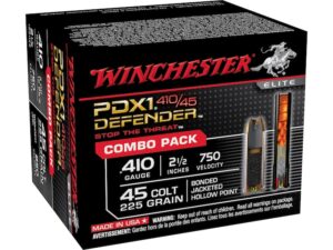 Winchester Defender Ammunition Combo Pack 45 Colt (Long Colt) 225 Grain Bonded Jacketed Hollow Point and 410 Bore 2-1/2" 3 Disks over 1/4 oz BB Box of 20 (10 Rounds of Each) For Sale