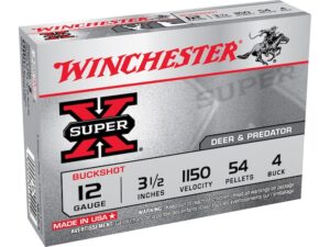 Winchester Super-X Ammunition 12 Gauge 3-1/2" Buffered #4 Buckshot 54 Pellets Box of 5 For Sale