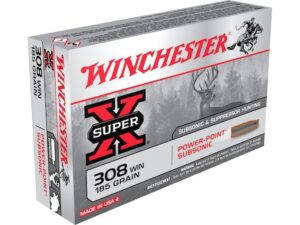 Winchester Super-X Ammunition 308 Winchester Subsonic 185 Grain Power-Point Box of 20 For Sale